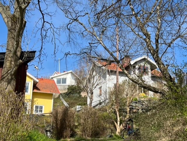 Slottsbergets trähus och utsikt mot Lindholmen i Göteborg